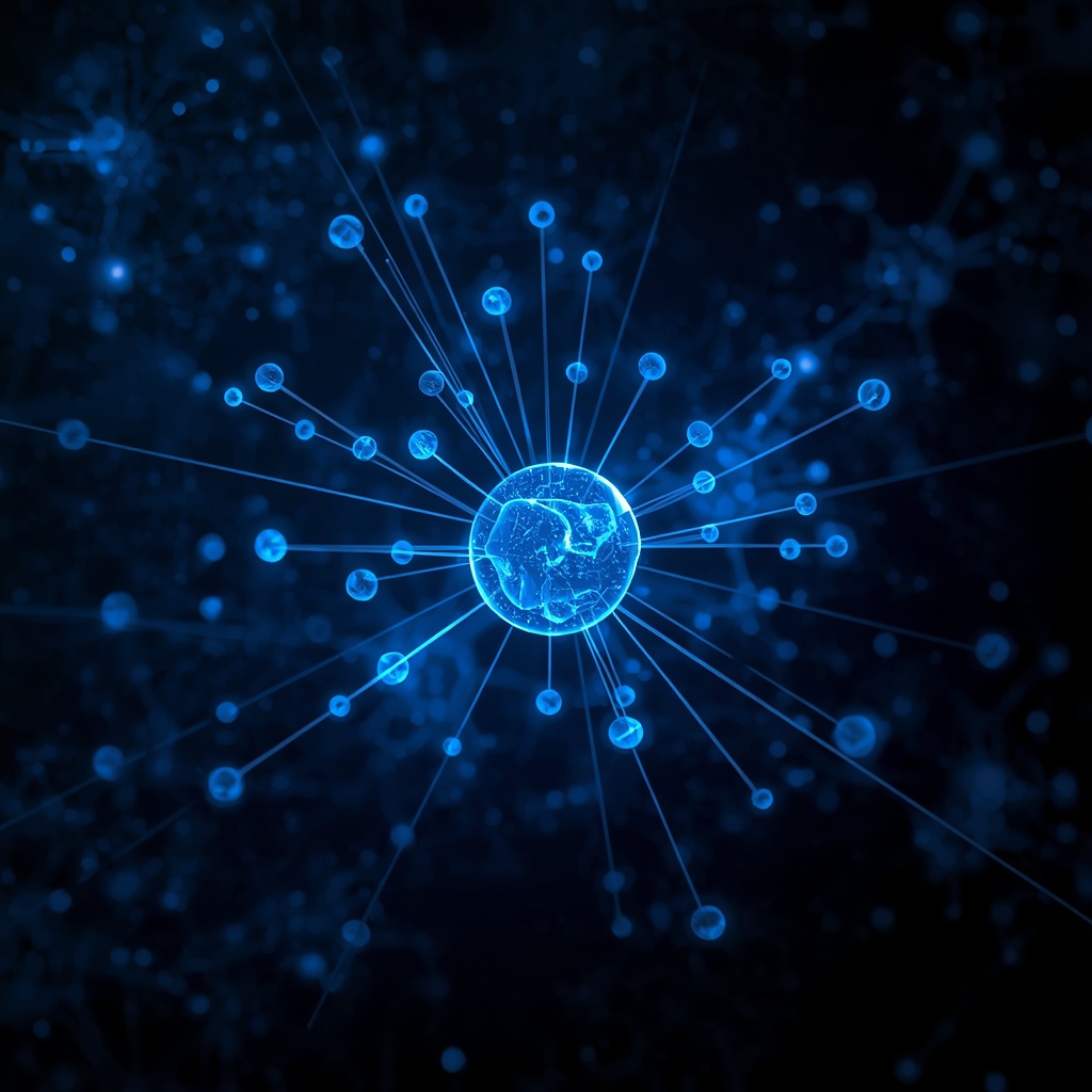A futuristic abstract representation of an artificial neural network with glowing blue nodes and connections against a dark digital background